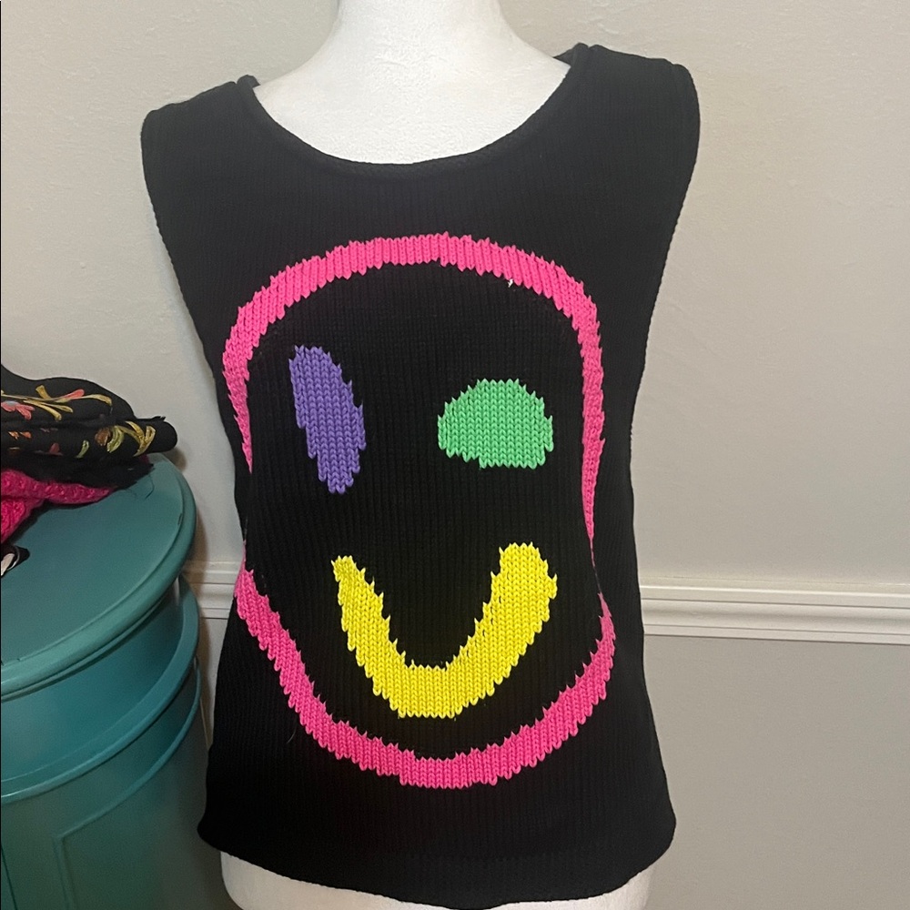 Vibrant Black Tank Top with Smiley Design